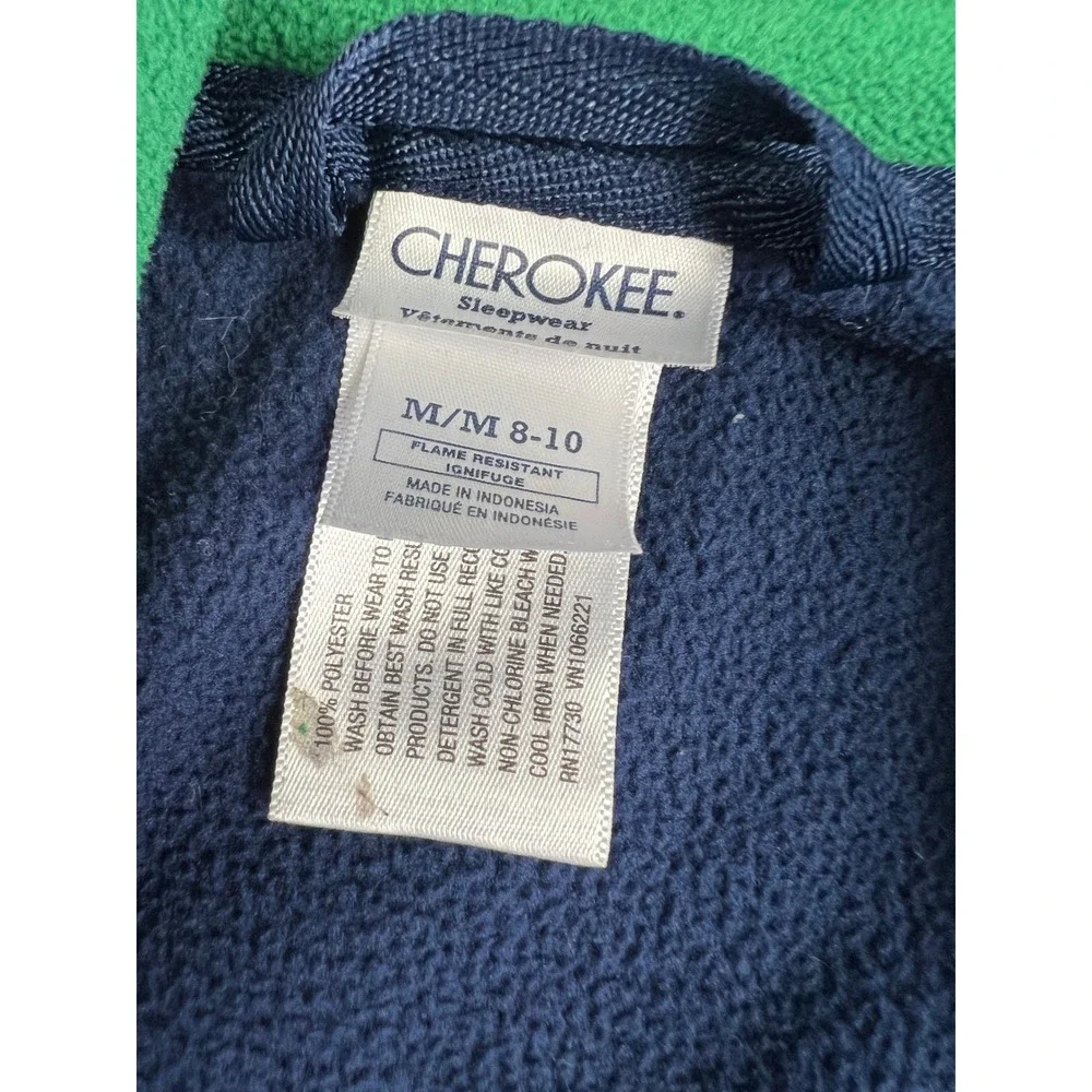 Cherokee Robe Kids Medium 8-10 Navy Blue Green Fleece Sleepwear Shawl Collar Tie